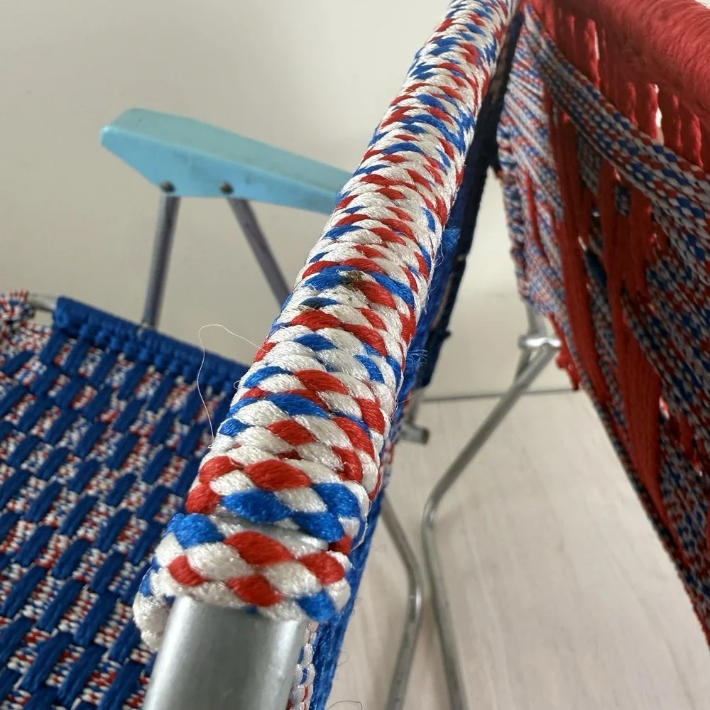 Vtg Set 2 Aluminum Folding Lawn Chair Child Sz Macrame Weave‎ Woven Chair Match